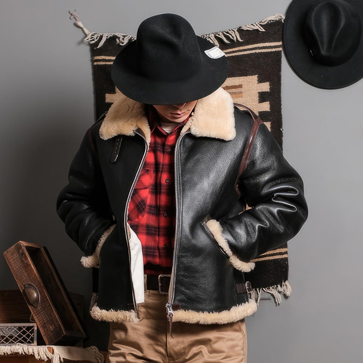Black Sheepskin Sherpa Aviator Jacket: USAF Vintage Style, Faux Fur Lined
