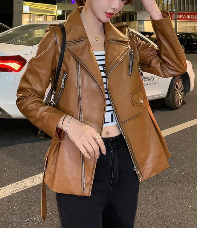 Brown Sheepskin Asymmetric Motorcycle Jacket: Korean Style Elegance