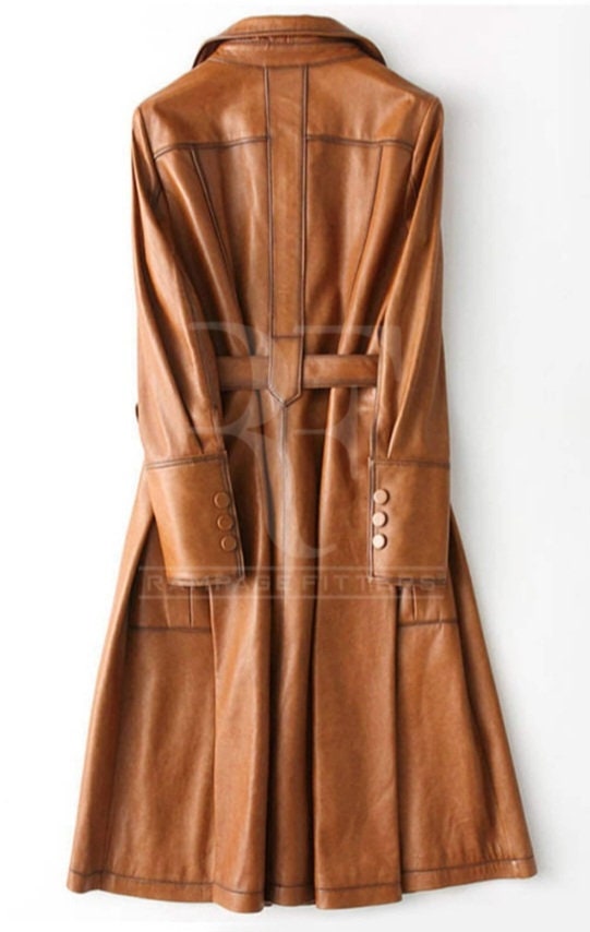 Brown Genuine Leather Trench Coat