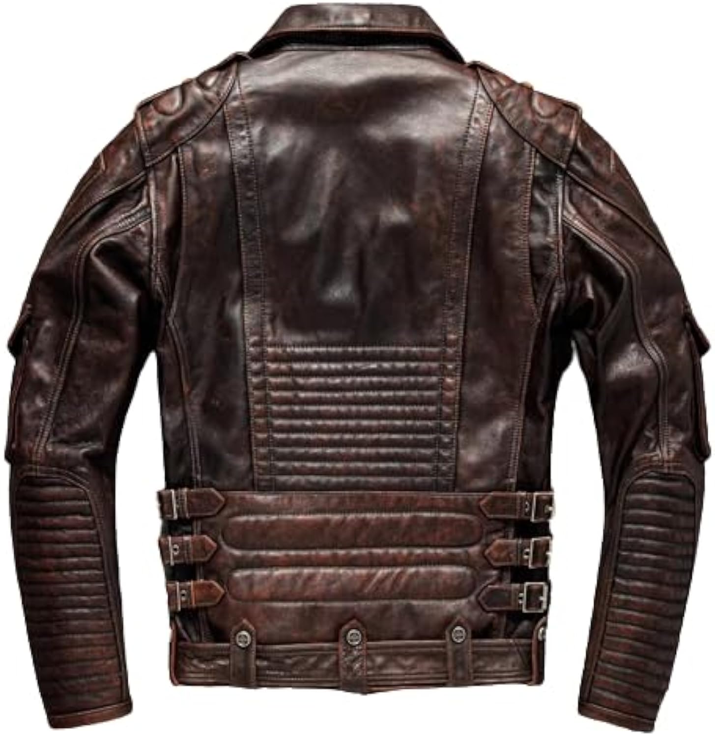 Diagonal Zipper Pocket Leather Motorcycle Coat featuring a retro brown design with genuine calf-skin leather