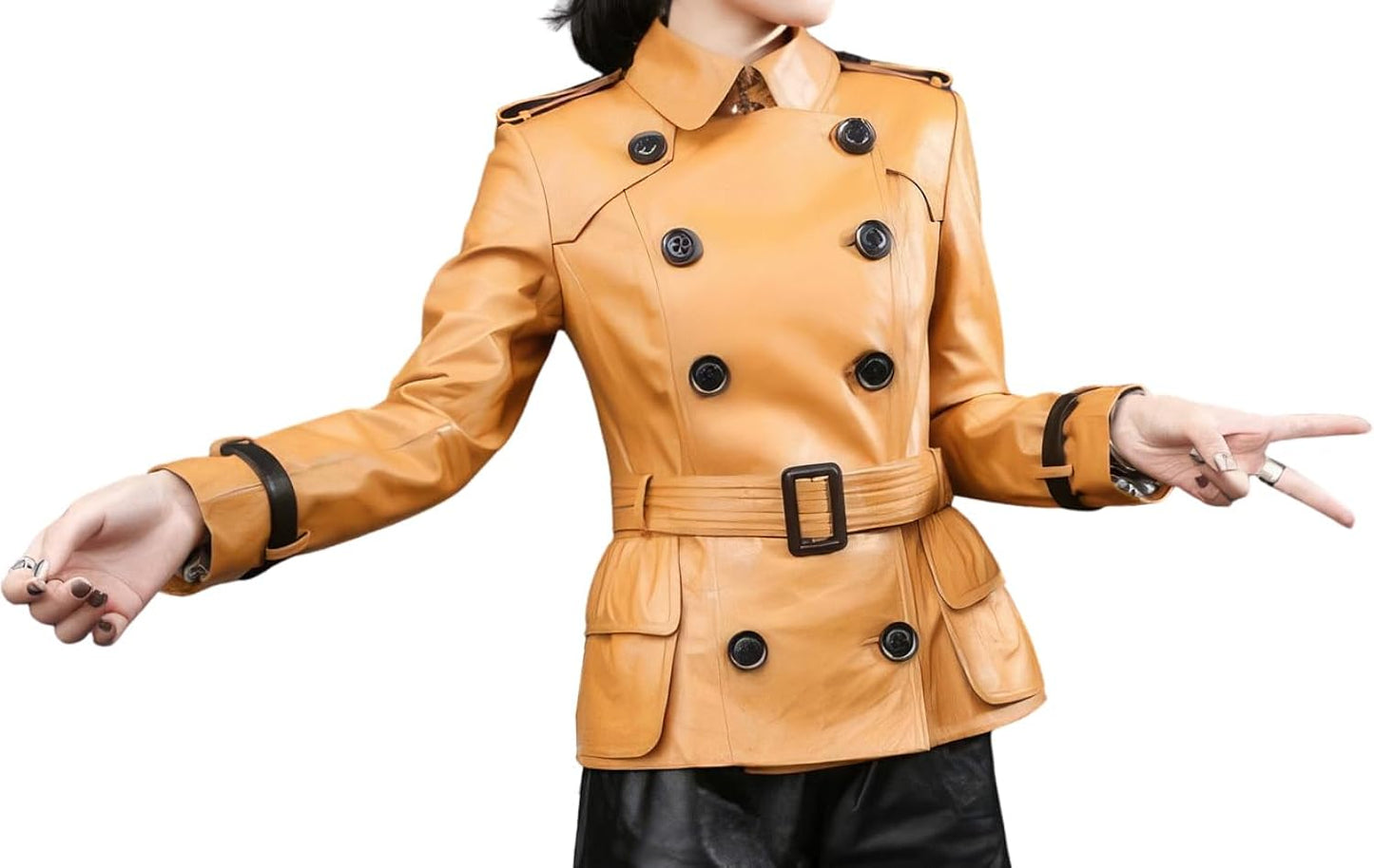 Chic Fawn Brown Double Breasted Sheepskin Jacket: Elevate Streetwear to Office Fashion with Slim Fit and Korean Flair