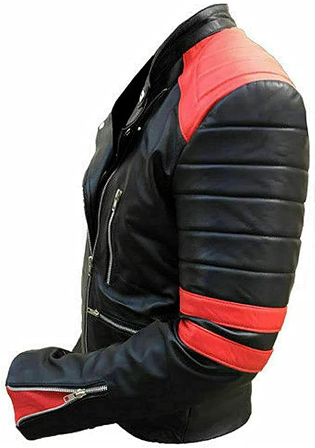 Classic Men's Black Leather Biker Jacket with Red Stripes - Stylish Café Racer Brando Quilted Motorcycle Outerwear