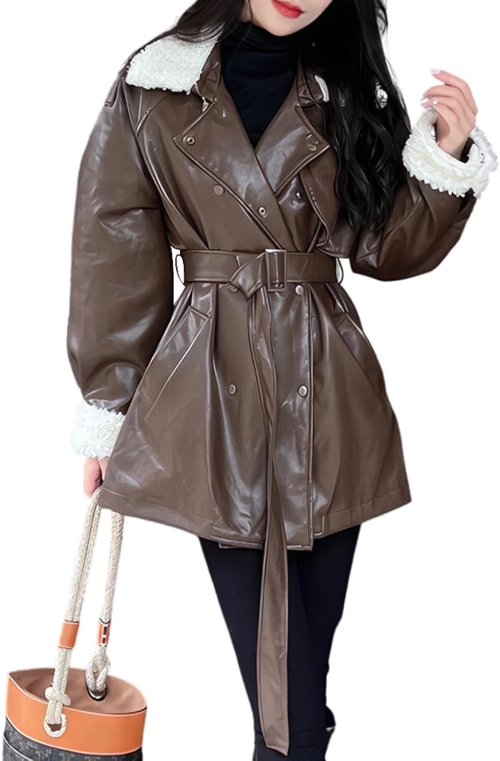 Street Chic Warmth: Women’s Brown Shearling Trench - Oversized Luxury for Casual Elegance