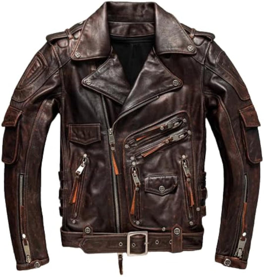 Diagonal Zipper Pocket Leather Motorcycle Coat featuring a retro brown design with genuine calf-skin leather