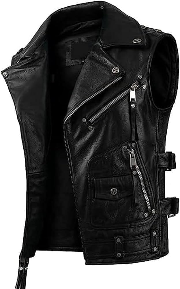 Brown Biker Men's Brando Lapel Collar Genuine Cowhide Vest: Sleeveless Classic Asymmetrical Moto Rider Leather Waistcoat