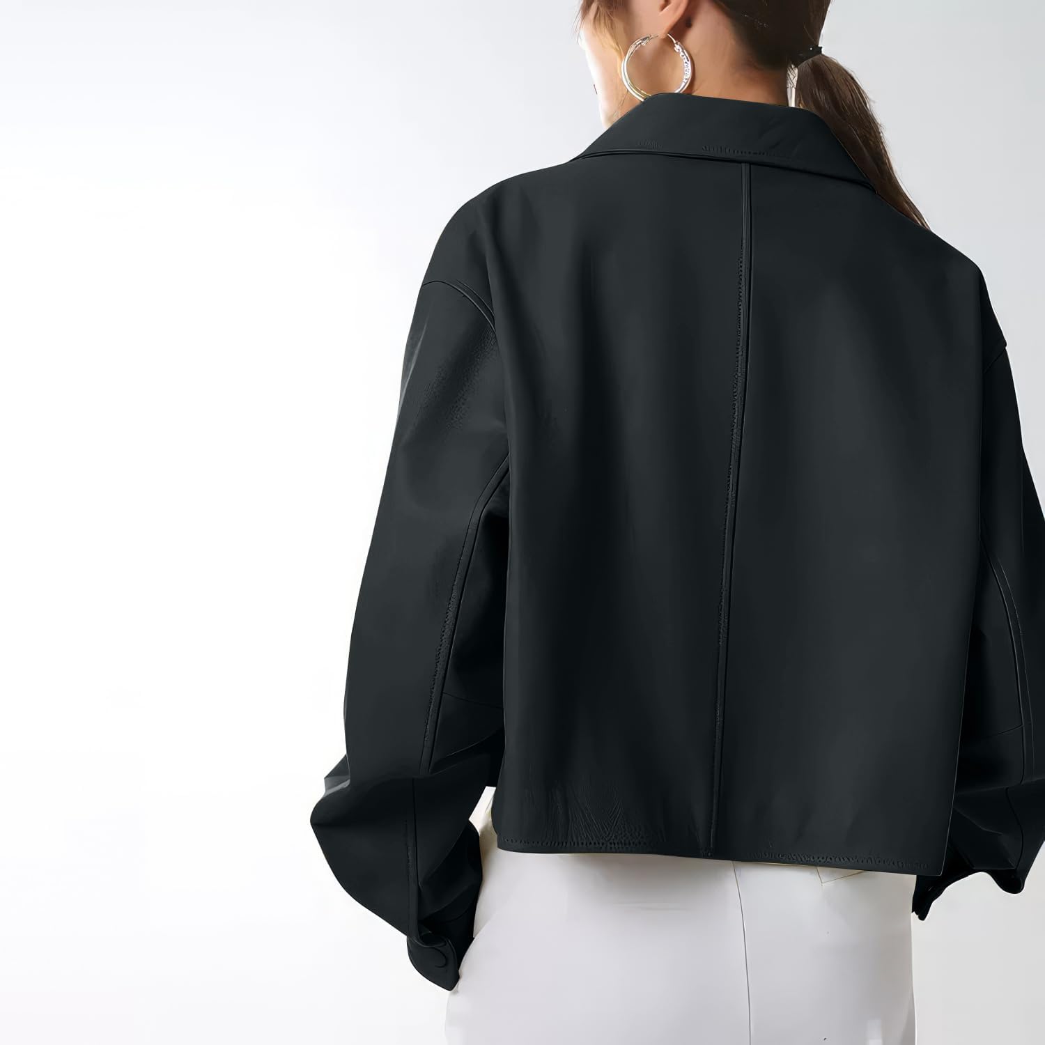 Women’s Black Genuine Sheepskin Shirt Collar Chic Leather Jacket – Timeless Elegance with an Oversized Twist