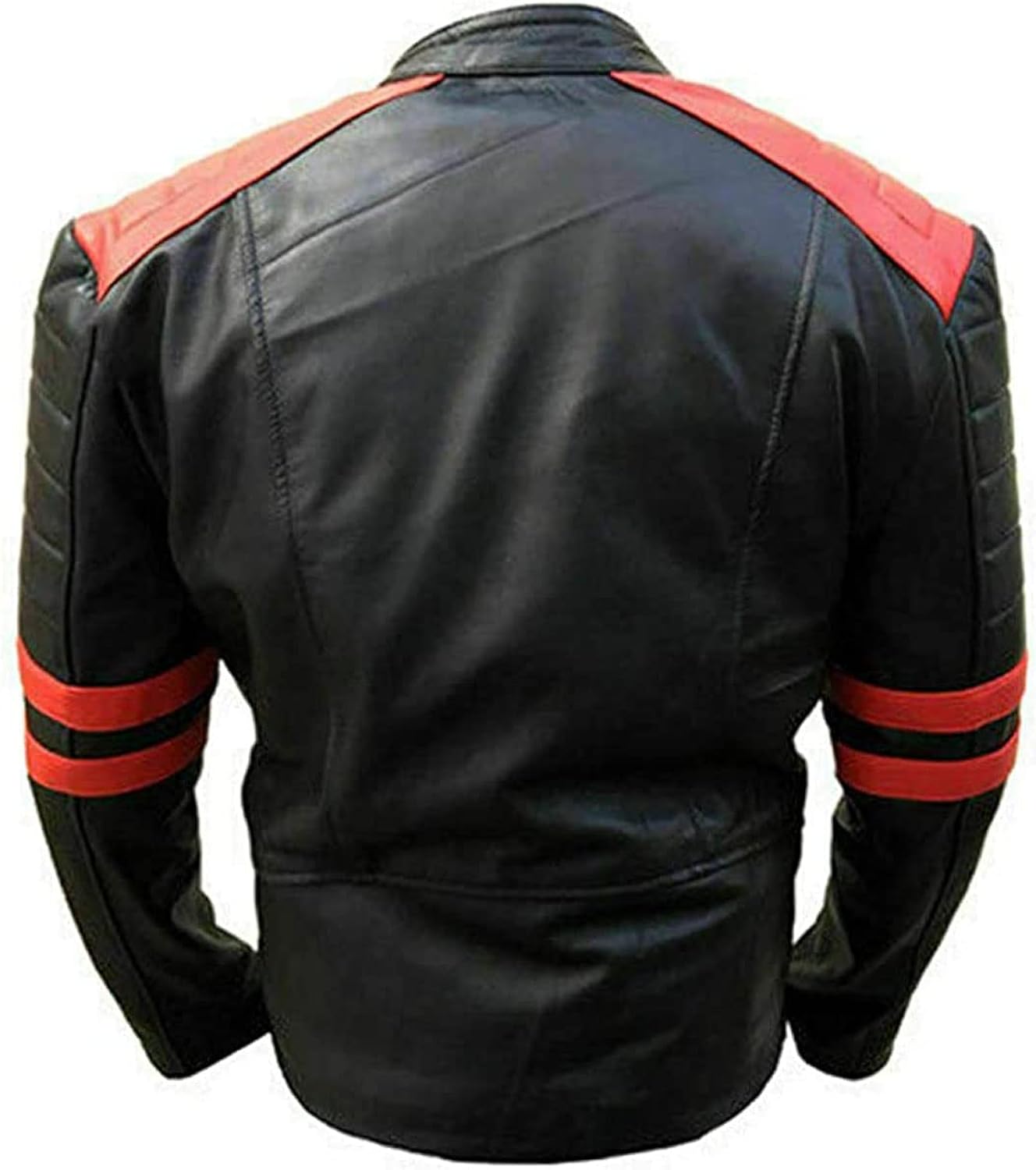 Classic Men's Black Leather Biker Jacket with Red Stripes - Stylish Café Racer Brando Quilted Motorcycle Outerwear