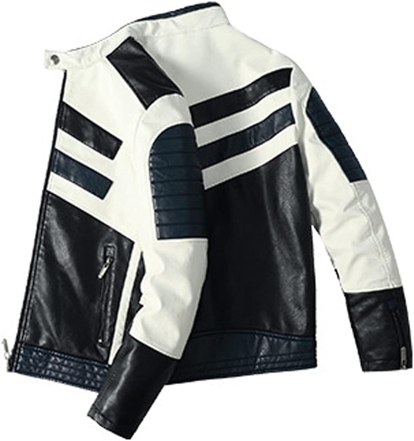 Urban Edge: Men's Black PU Café Racer, Striped Design, Moto Zip-Up - Streetwise Style in Black