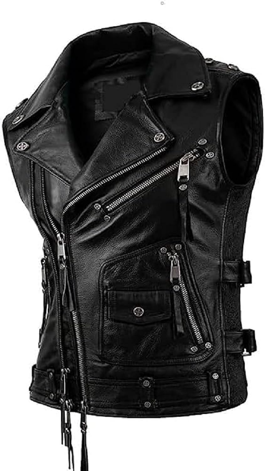 Brown Biker Men's Brando Lapel Collar Genuine Cowhide Vest: Sleeveless Classic Asymmetrical Moto Rider Leather Waistcoat