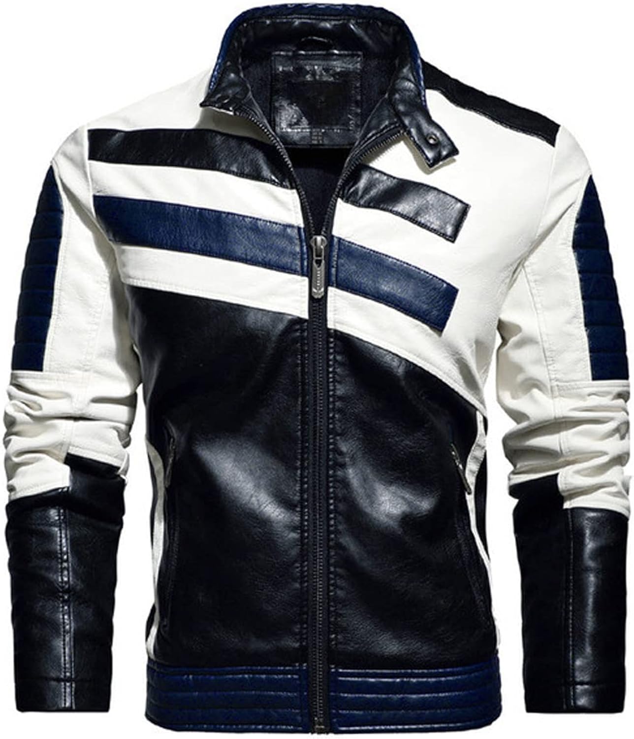 Urban Edge: Men's Black PU Café Racer, Striped Design, Moto Zip-Up - Streetwise Style in Black