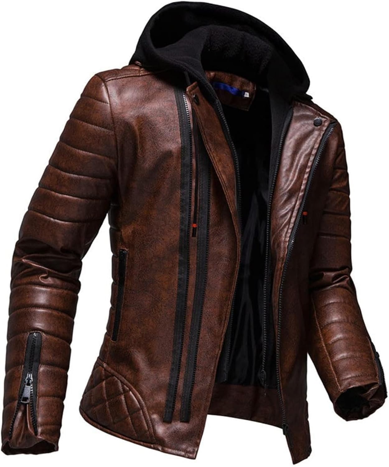 Vintage Brown Biker Jacket: Distressed Genuine Leather, Sheepskin Collar, Hooded, Retro Quilted, Asymmetric Rider Style