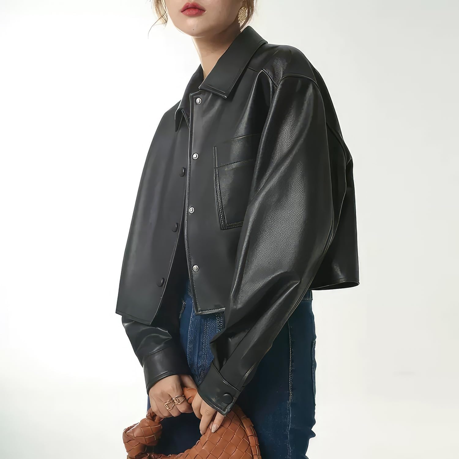 Women’s Black Genuine Sheepskin Shirt Collar Chic Leather Jacket – Timeless Elegance with an Oversized Twist