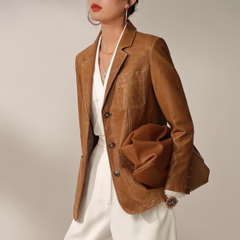 Sheepskin Blazer: Timeless Lapel, Secure Closure, Vintage Elegance for Business or Casual Chic. Elevate Your Style