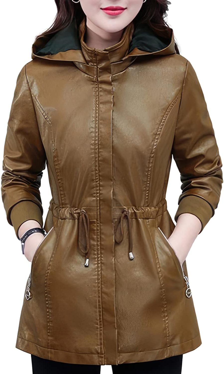 Chic Vintage Hooded Sheepskin Trench: Slim-Fit Brown Leather Coat for Women, Fashionably Timeless