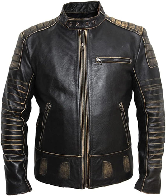 Black Grunge Skull Biker Jacket - Men’s Vintage Cowhide Motorcycle Rider, Classic Slim Fit, Fashionable Leather