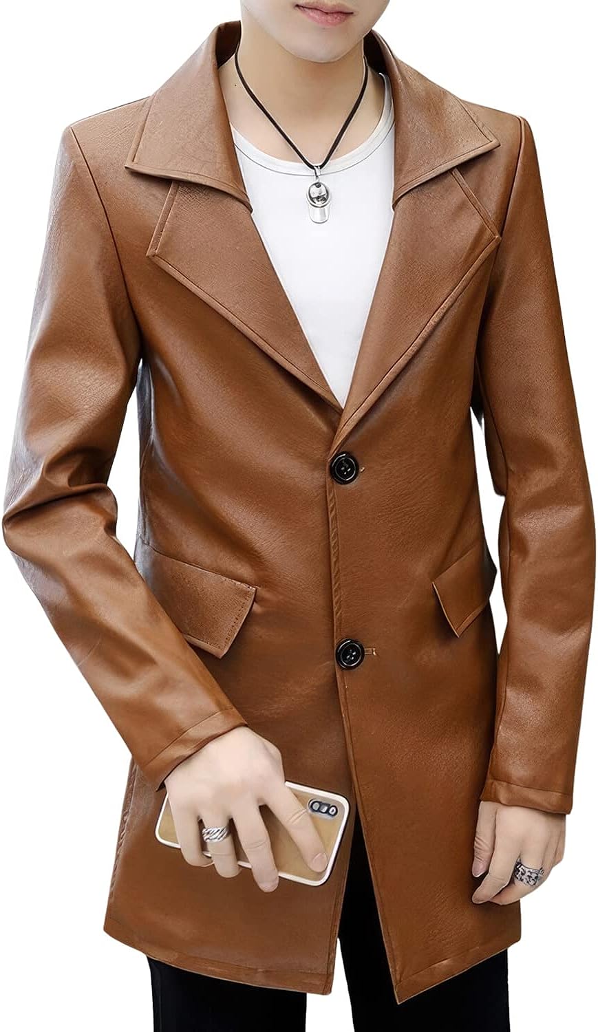 Brown Sheepskin Moto Trench: Classic England Style for Casual Elegance - Men's Genuine Leather Rider Coat