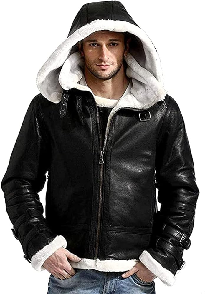 Authentic Men's WW2 Aviator RAF Bomber Jacket - Iconic Style with White Fur Collar, Black Leather, and Warmth for Winter