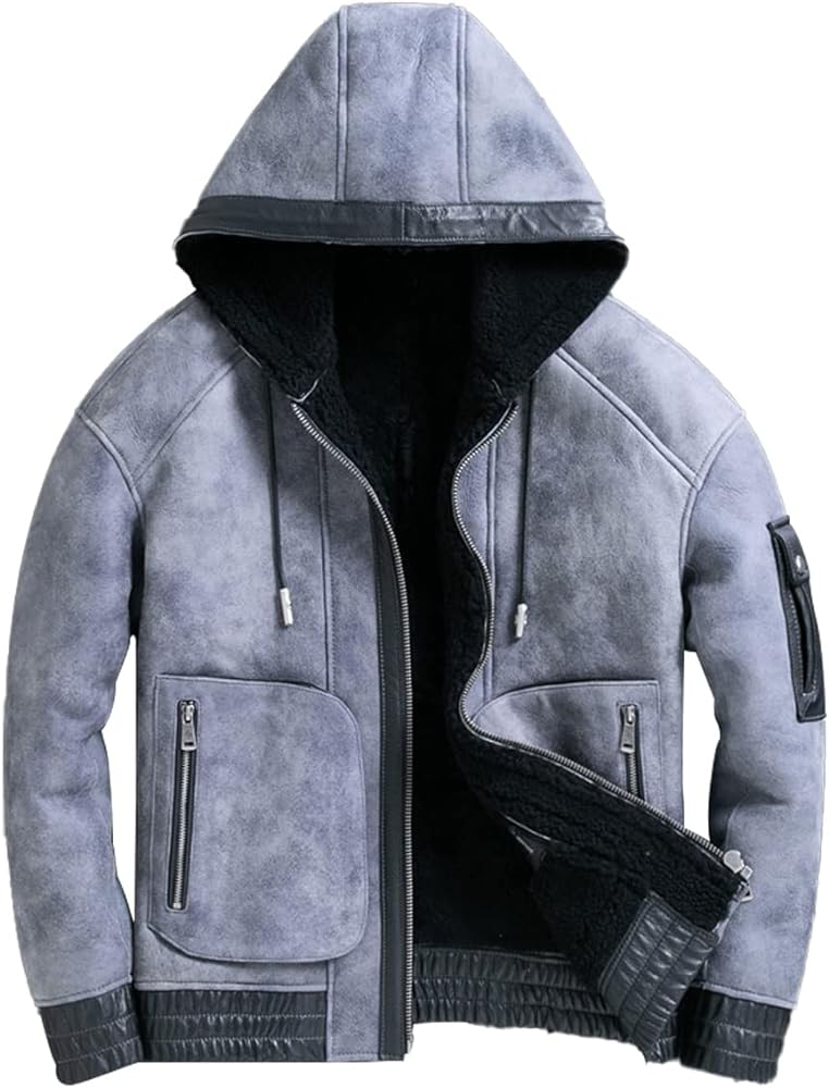 Grey Sheepskin Fur-Lined Hooded Bomber: Winter-Ready Men's Streetwear Jacket