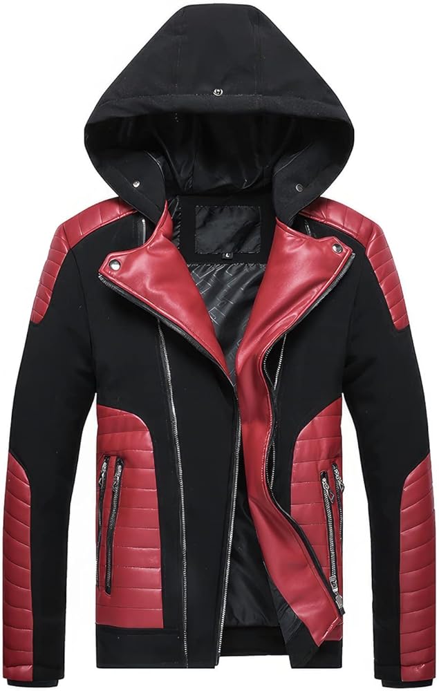 Black Biker Sheepskin Jacket: Hooded, Red Quilted Design, Genuine Leather - Ultimate Style and Warmth