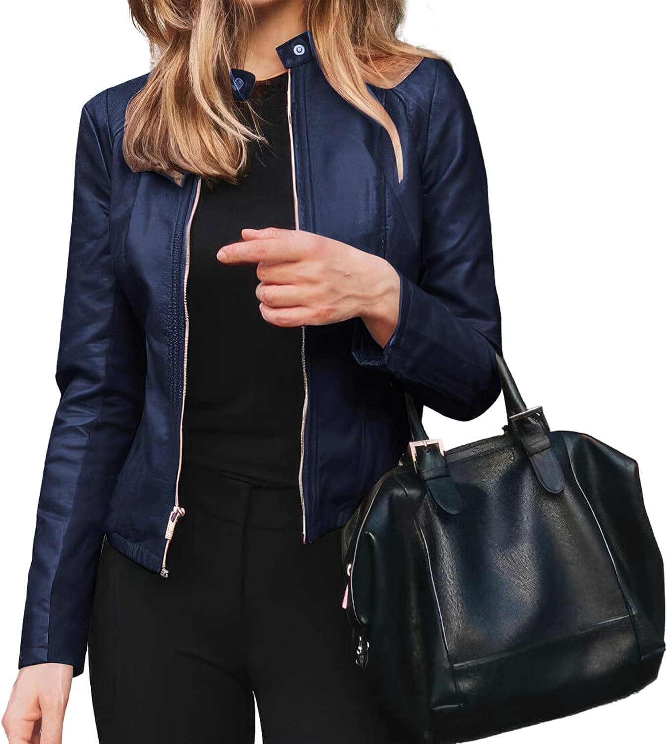 Women's Navy Blue Sheepskin Biker Jacket: Opulent Elegance in Slim Fit with Stand Collar, YKK Zipper, and Timeless Fusion