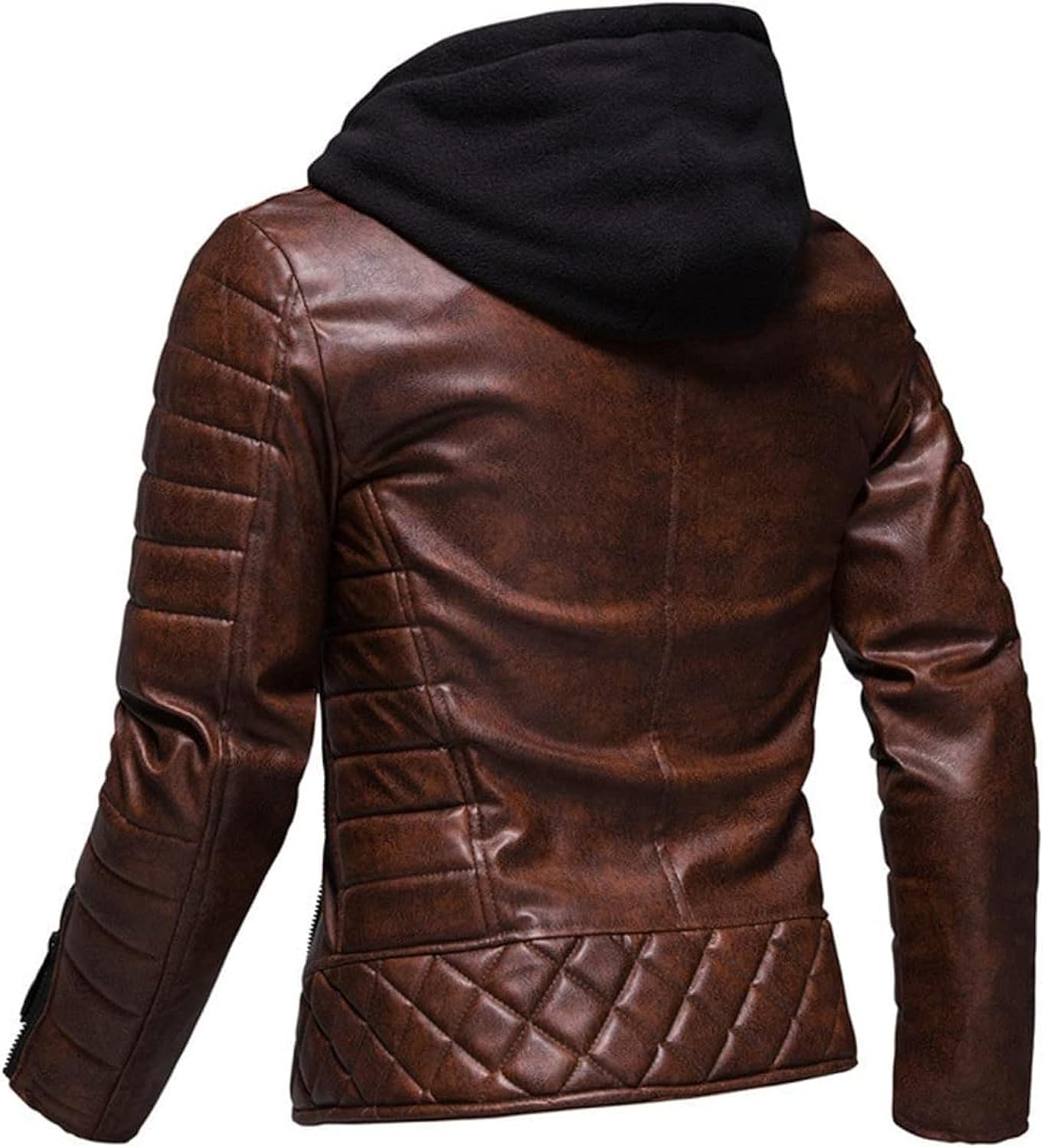 Vintage Brown Biker Jacket: Distressed Genuine Leather, Sheepskin Collar, Hooded, Retro Quilted, Asymmetric Rider Style