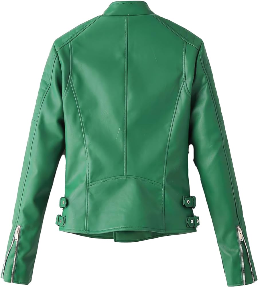 Chic Women’s Green Moto Racer Jacket - Genuine Sheepskin, Quilted Shoulders, Slim Fit, Asymmetric Design