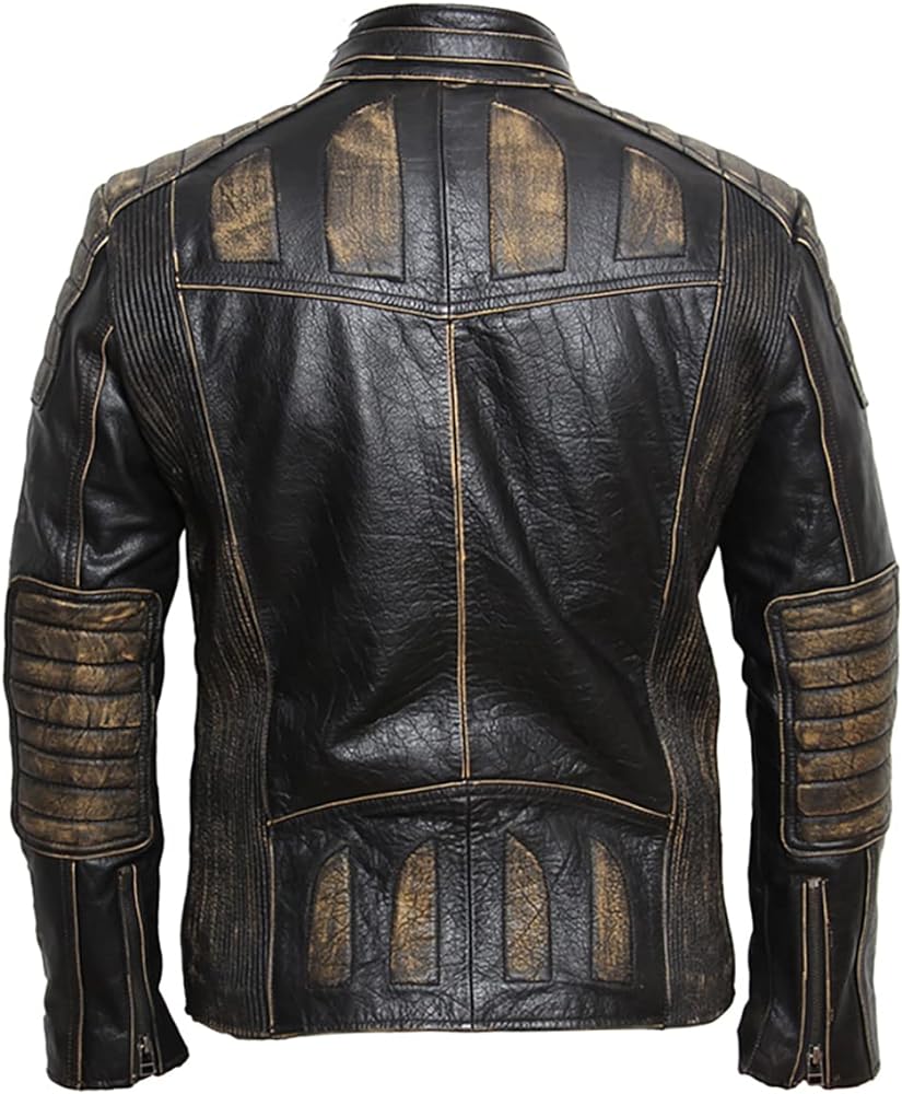 Black Grunge Skull Biker Jacket - Men’s Vintage Cowhide Motorcycle Rider, Classic Slim Fit, Fashionable Leather