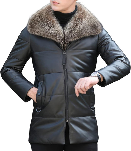 Black Elegance: Men's Genuine Sheepskin Detachable Sherpa Shearling Slim Fit Leather Puffer Jacket