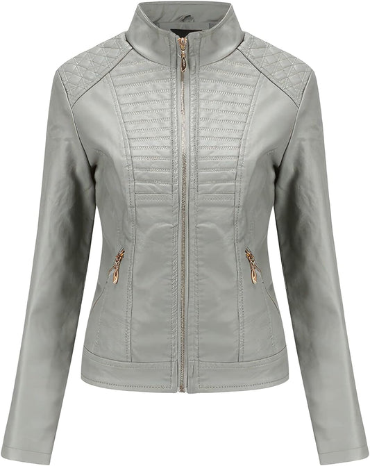 Ride in Style: Women’s Grey Genuine Sheepskin Biker Jacket - Quilted, Stand Collar, Café Racer Chic for a Fashionable Edge