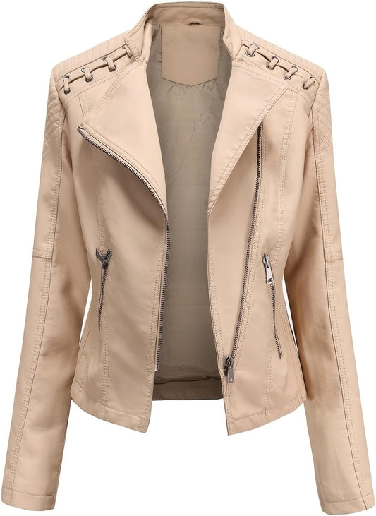 Apricot Biker: Retro Sheepskin Luxury, Quilted Shoulders, Laced Asymmetric Slim Fit Jacket