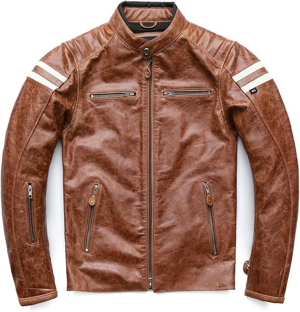 Ride in Style: Men’s Brown Cowhide Biker Jacket - Stand Collar, Slim Fit, Quilted Shoulders, Motorcycle Crossover