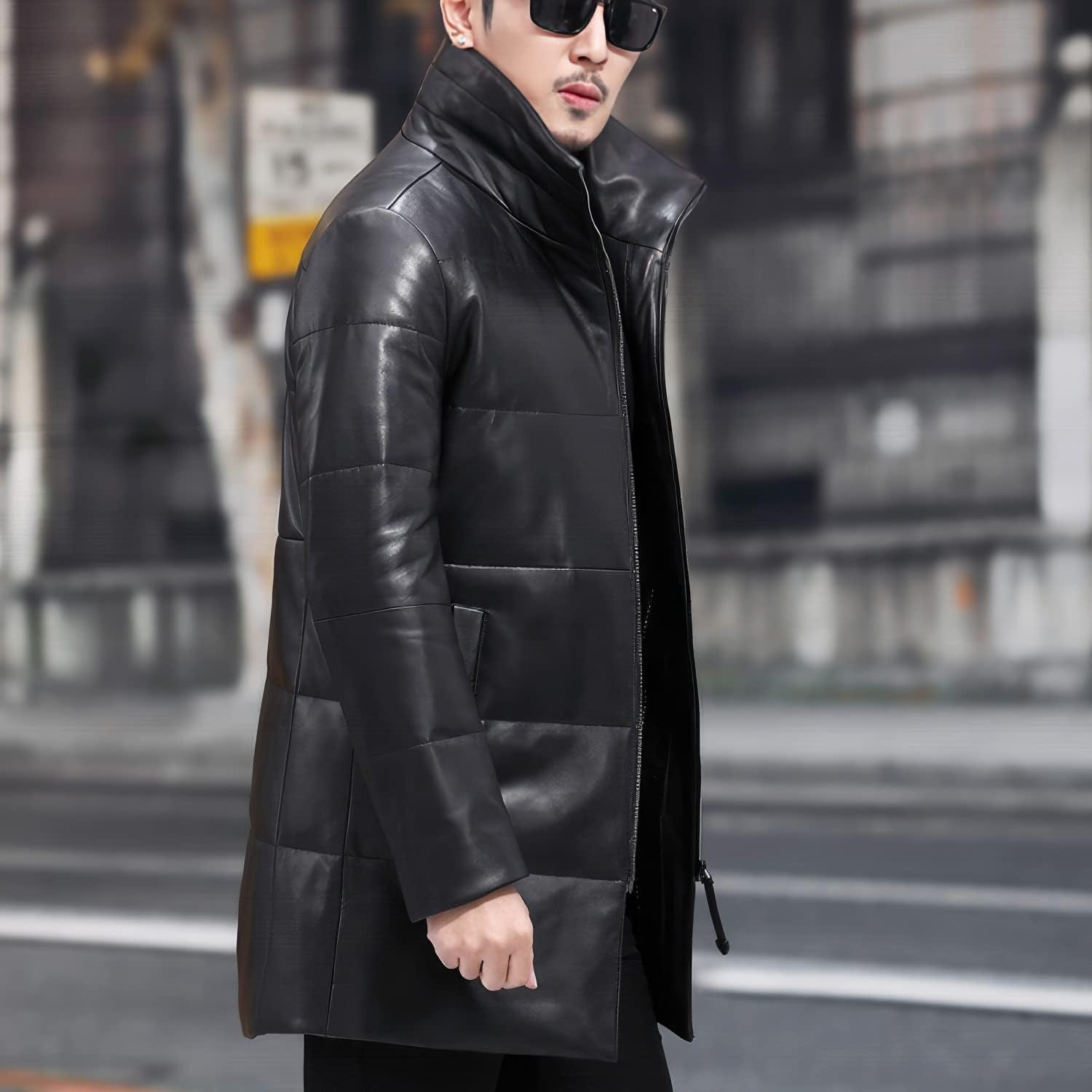 Black Elegance: Men's Genuine Sheepskin Detachable Sherpa Shearling Slim Fit Leather Puffer Jacket