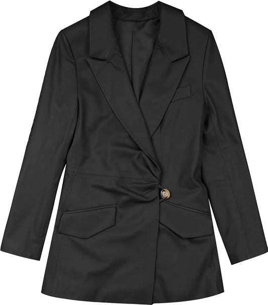 Embrace sophistication with our Women’s Black Genuine Sheepskin Peak Lapel Leather Coat