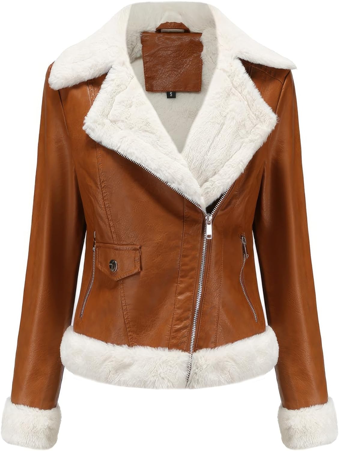 Women’s Brown Biker Genuine Sheepskin Sherpa Shearling Moto Café Racer Asymmetric Jacket - Street-Style Elegance