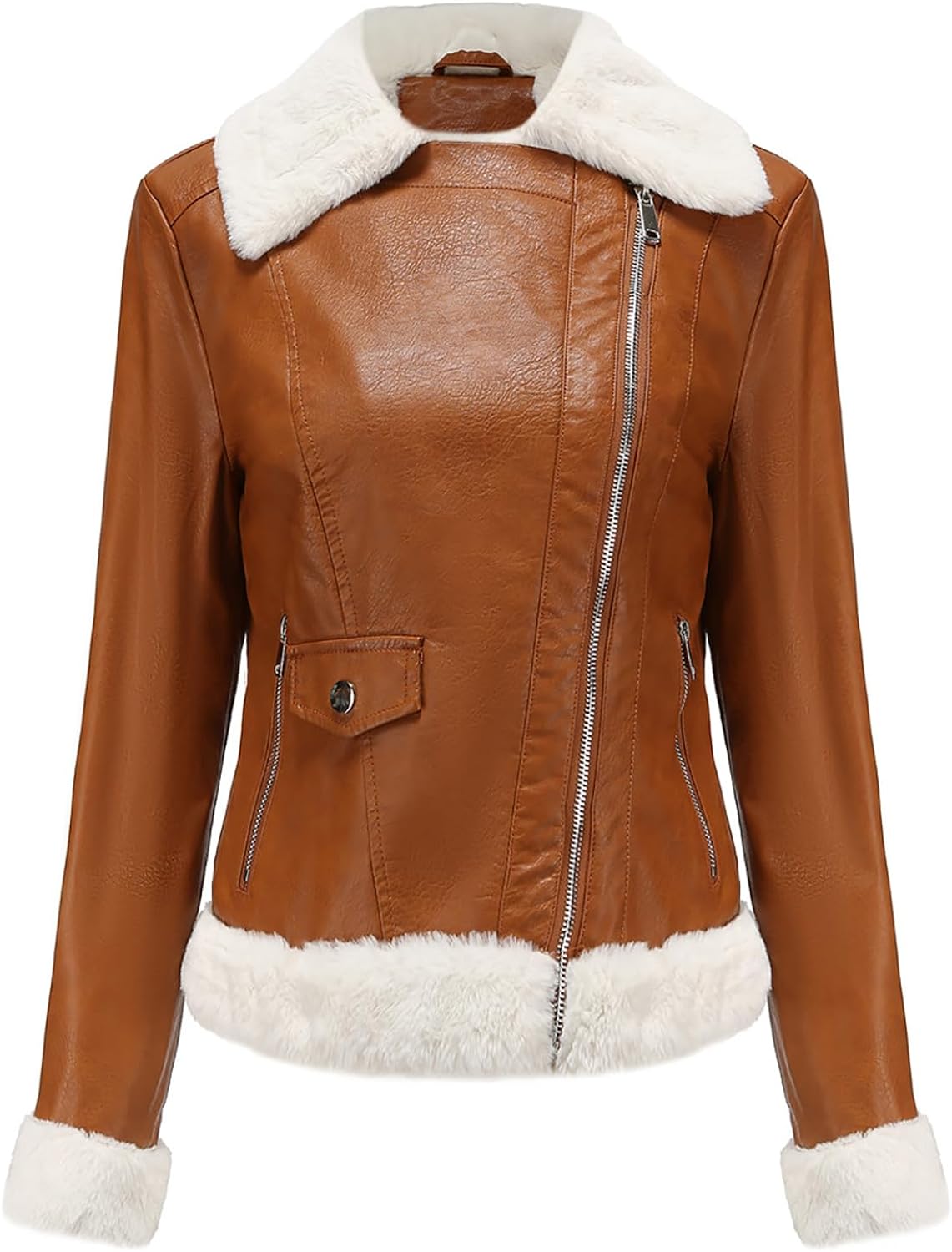 Women’s Brown Biker Genuine Sheepskin Sherpa Shearling Moto Café Racer Asymmetric Jacket - Street-Style Elegance