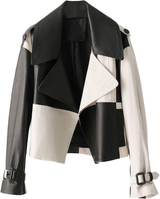 Chess-Inspired Elegance: Women’s Black & White Lapel Collar Sheepskin Jacket - Korean High-End Streetwear Check Chic