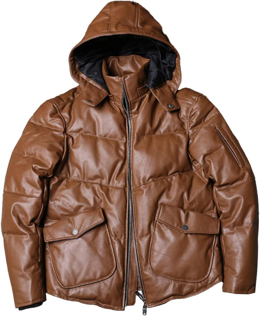 Urban Heat Shield: Men’s Brown Sheepskin Quilted Puffer Jacket with Detachable Hood - Genuine Warmth and Casual Style