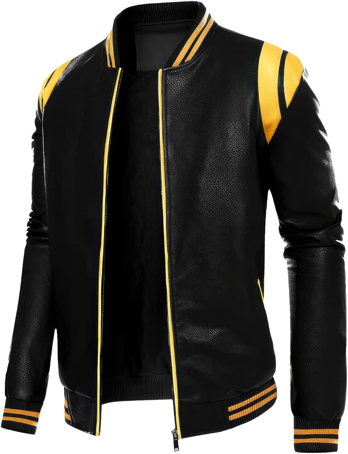 Black Biker Sheepskin Jacket, Sporty Slim Fit, Yellow Stripes, Rib Knit Bomber, Motorcycle Rider Leather