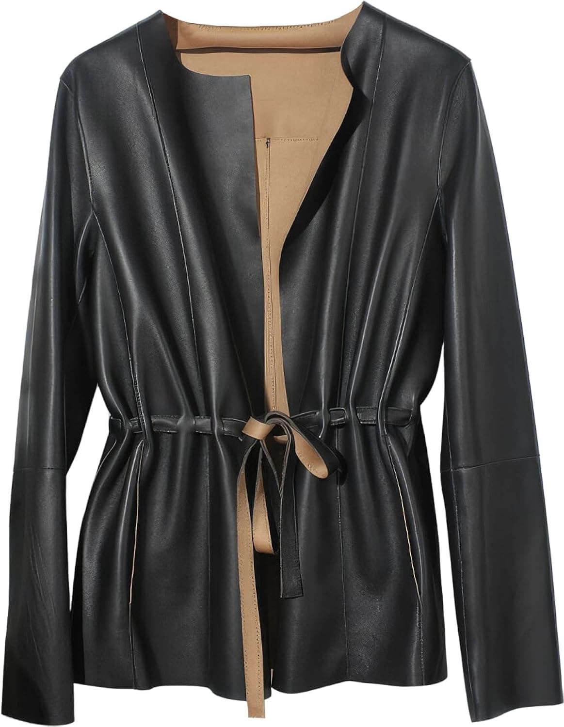 European Street Chic: Women’s Black Sheepskin Round Neck Pleated Leather Coat – Simple Elegance