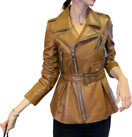 Brown Sheepskin Asymmetric Motorcycle Jacket: Korean Style Elegance