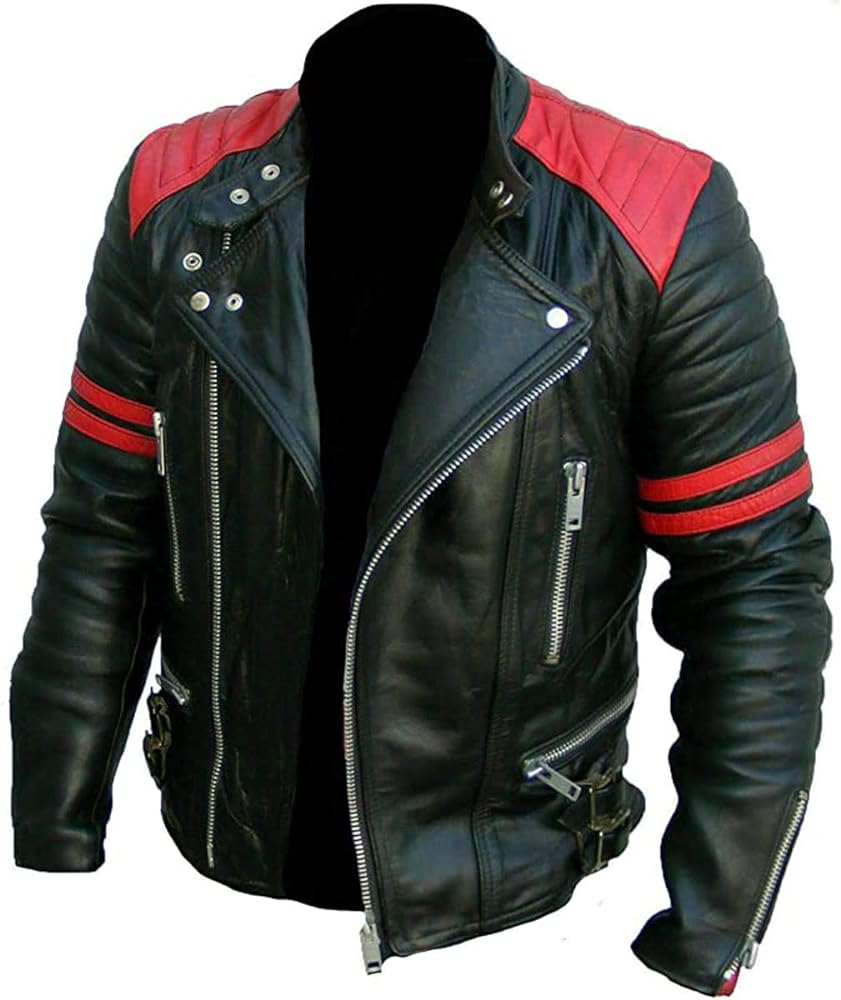 Classic Men's Black Leather Biker Jacket with Red Stripes - Stylish Café Racer Brando Quilted Motorcycle Outerwear