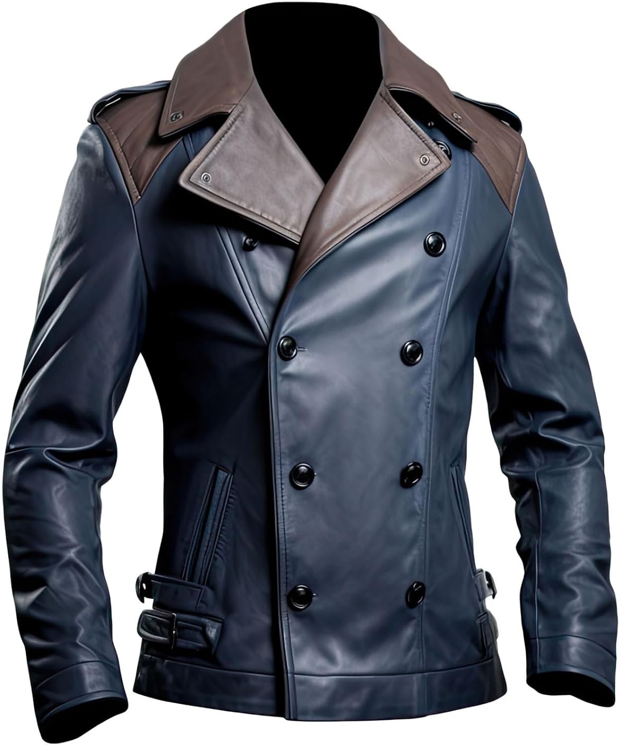 Men’s Navy Blue Brown Sheepskin Trench: Double-Breasted Elegance, Adjustable Belt, Versatile Pockets for Classic Style.