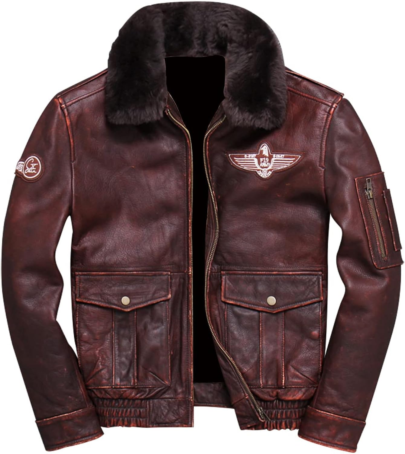 Aviator Jacket: Sheepskin Lined, Utility Pockets, Embroidered Patches