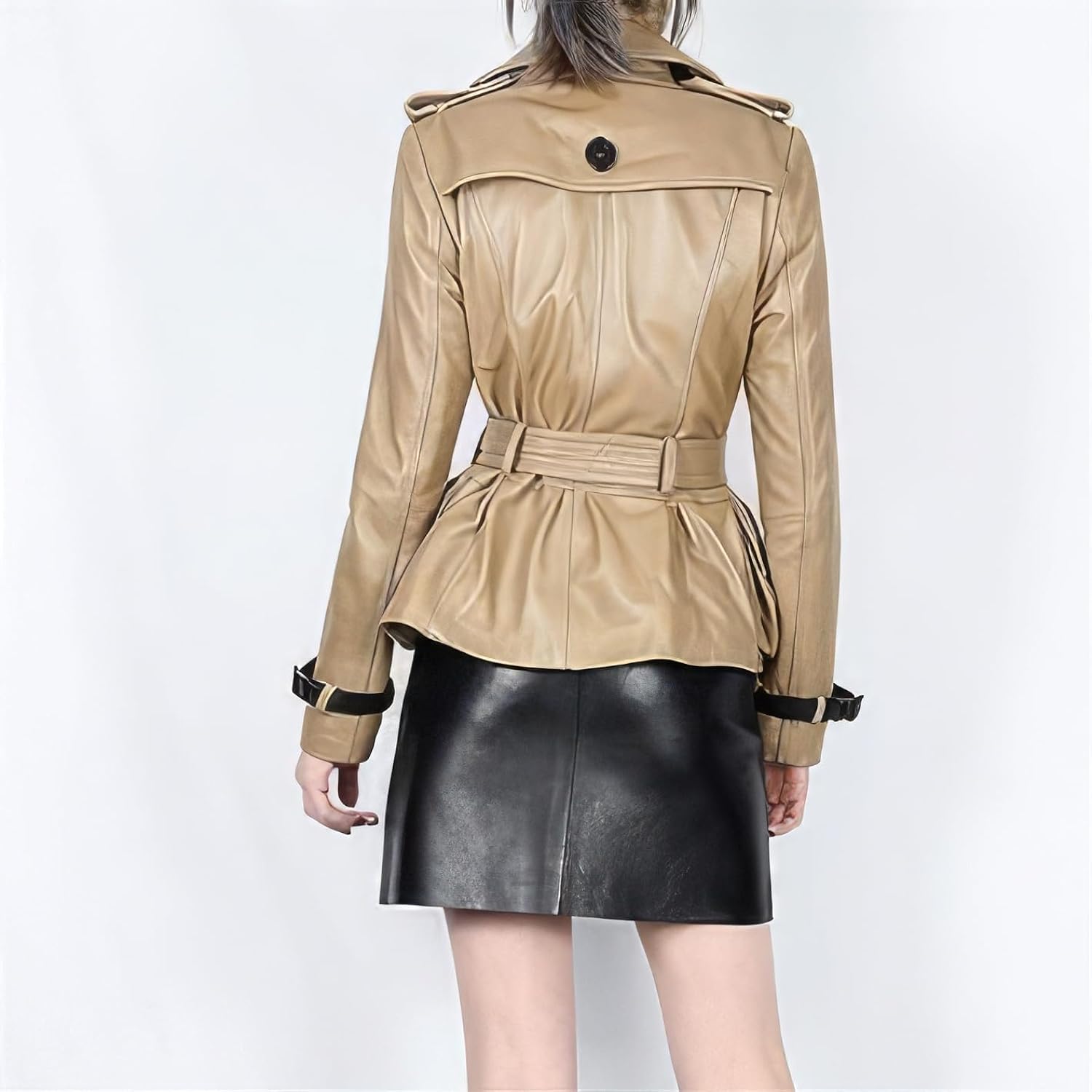 Beige Sheepskin Double-Breasted Moto Racing Trench: Classic Elegance, High-Street Style