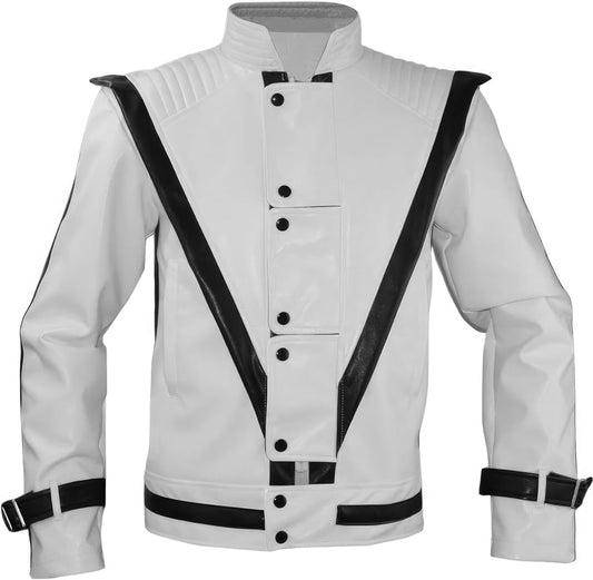 White Sheepskin Retro Jacket: Quilted Shoulders, Celebrity-Inspired, Black Strips – Classic Fashion and Cosplay Elegance