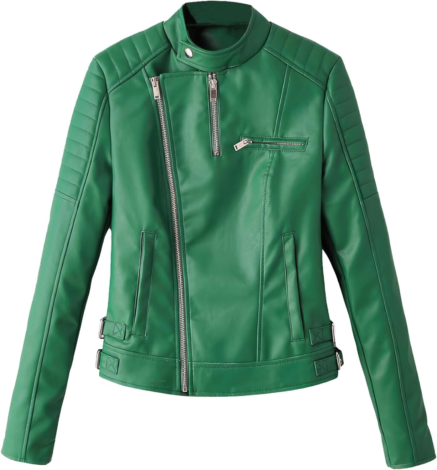 Chic Women’s Green Moto Racer Jacket - Genuine Sheepskin, Quilted Shoulders, Slim Fit, Asymmetric Design