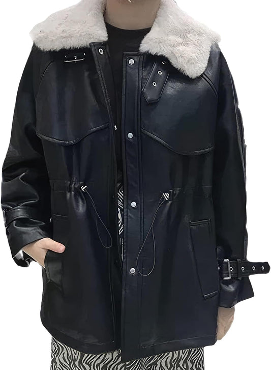 Black Sheepskin Sherpa Shearling Fashion Jacket: Casual, Oversized, Drawstring Waist