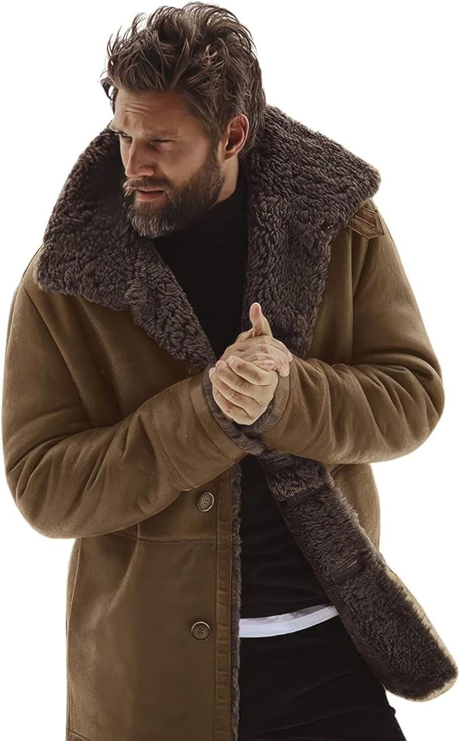 Winter Elegance: Men’s Brown Suede Sherpa Shearling Military Coat - Single Breasted Fashion for Warmth