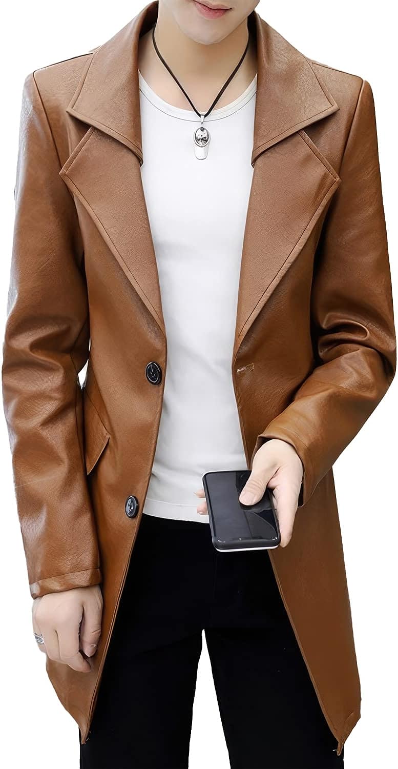 Brown Sheepskin Moto Trench: Classic England Style for Casual Elegance - Men's Genuine Leather Rider Coat