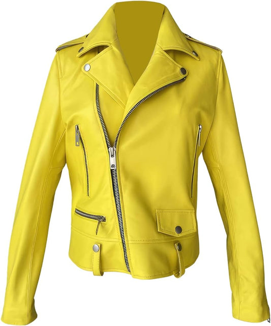 Yellow Sheepskin Street Racer Moto Jacket - Women's Slim Fit Asymmetric Leather Chic